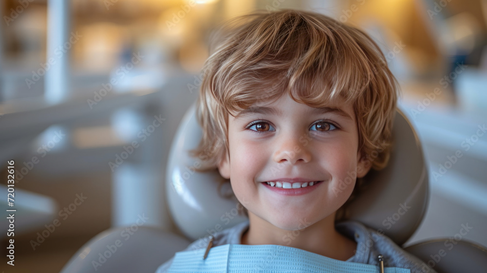 A smiling kid sitting in a dental chair at the dentist, teeth cleaning and examination concept,generative ai