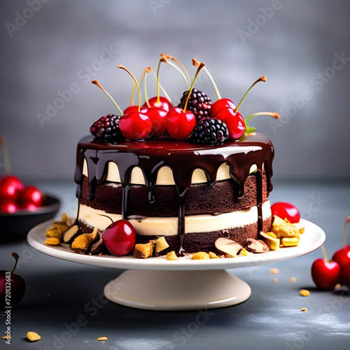 Chocolate cake with with berry, mirror glass cake with chocolate garnish, strawberries and cherries. cake on a light grey background. Happy birthday cake tasty and eye catching design. birthday cake photo