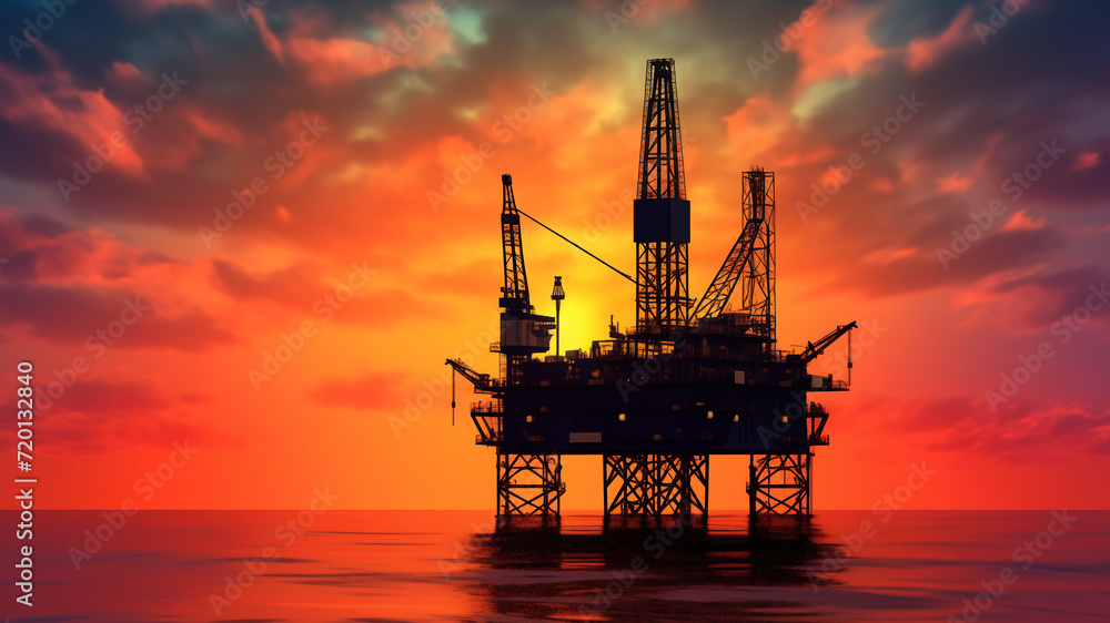 Industrial oil rig on calm ocean at sunset as energy concept, twilight background, silhouette of oil rig in the sea, Offshore oil drilling. 