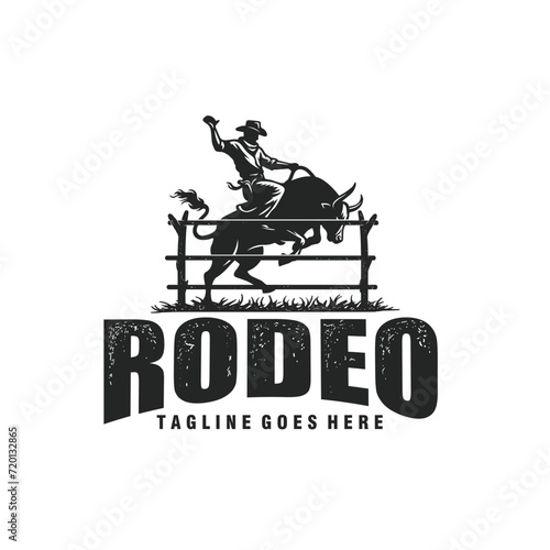 cowboy riding bull rodeo vintage badge logo vector graphic illustration