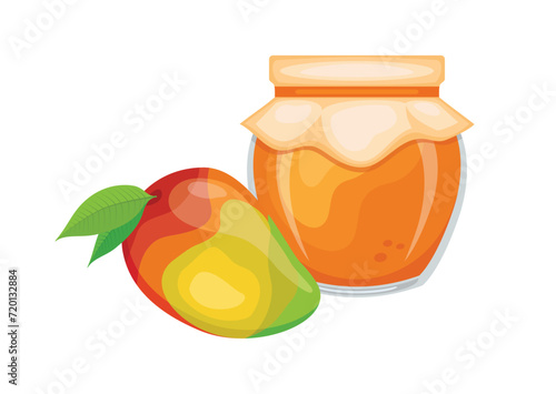 Mango jam in glass jar and fresh mango fruit vector illustration. Glass of mango marmalade design element. Mango jam jar icon set isolated on a white background