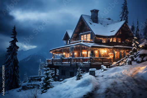 Wallpaper Mural village street in winter season decorated for Christmas or New Year holiday, beautiful view of exteriors of houses , snow, sunset, street lights, festive environment Torontodigital.ca