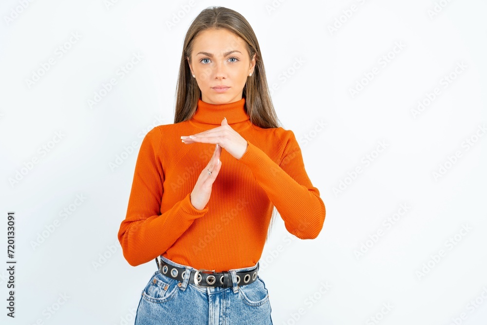 Young beautiful woman being upset showing a timeout gesture, needs stop, asks time for rest after hard work, Young beautiful woman being upset showing a timeout gesture, needs stop, asks time for rest after hard work,