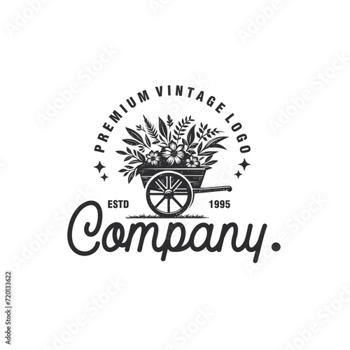 flower on cart vehicle traditional logo design, farming wagon, cart wood rustic vector graphic illustration photo