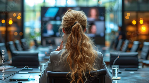Back view of business woman talking to her colleagues about plan in video conference. generative ai photo