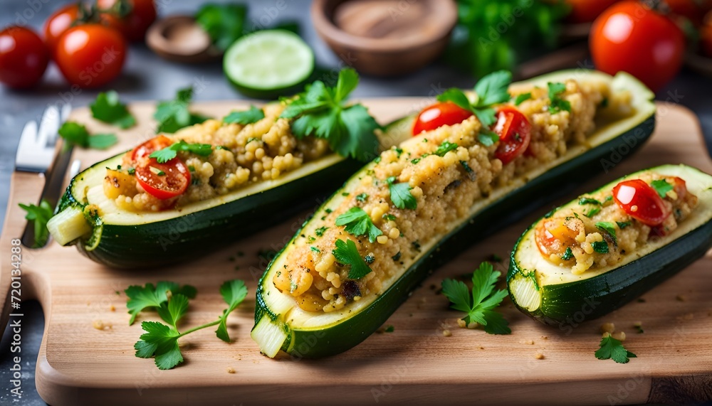 Grilled zucchini stuffed with couscous, tomatoes, cucumber and parsley. Vegan stuffed zucchini on a cutting board. Vegetarian food.
Grilled zucchini stuffed with couscous, tomatoes, cucumber and parsley. Vegan stuffed zucchini on a cutting board. Vegetarian food.