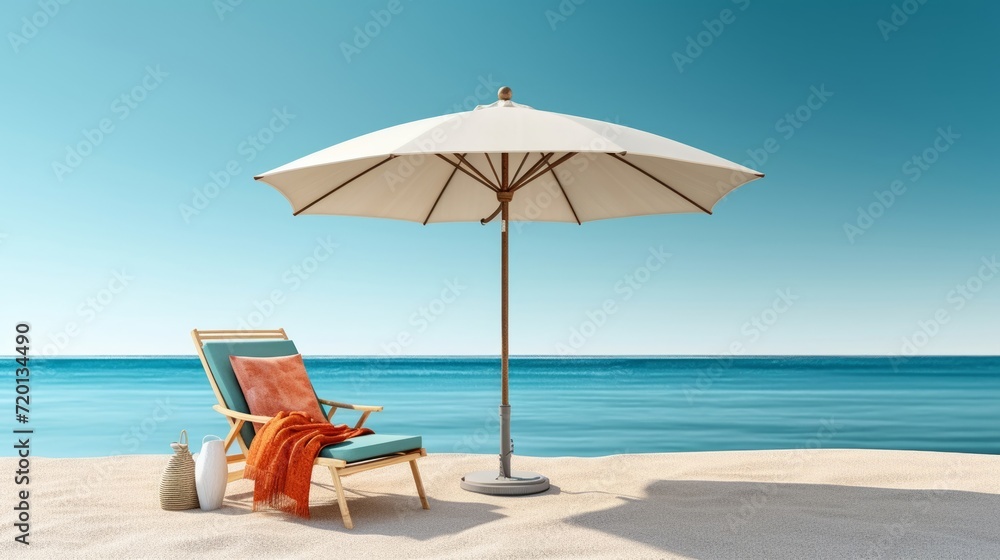 Serene beach scene with a striped umbrella and wooden chair on a sunny day.