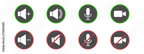 Speaker, Mic and Video Camera icon set. Simple style for Video Conference, Webinar and Video chat. Microphone, audio, sound, mute.