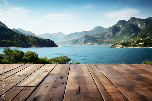 Empty brown wooden floor or table blur background mountain river, lagoon, and sky. Covered with morning mist. Abstract Texture. Landscape from nature, creativity Realistic clipart template pattern.