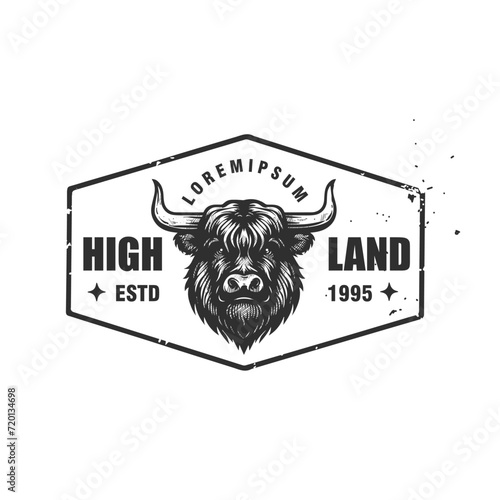 highland cow head hand drawn vintage badge logo vector graphic illustration