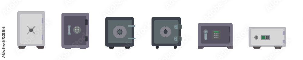 Illustration of safe icon set. Symbol of reliable treasure in bank. Isolated graphic icon safe in vector flat style Illustration of safe icon set. Symbol of reliable treasure in bank. Isolated graphic icon safe in vector flat style