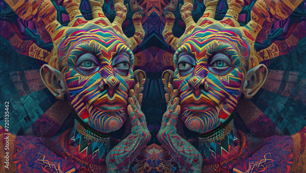 Naklejka premium DMT jester Photorealistic portrait, cinematic, psychedelic human vision of geometric creatures. Mama Ayahuasca, psychedelic divine cosmic trippy godly spiritual entity. Expanded Consciousness