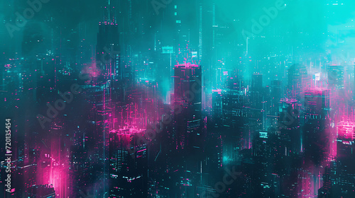 Cyberpunk city lights gradient in neon pink  teal  and electric blue  enhanced by a grainy texture for a futuristic tech-themed poster. 