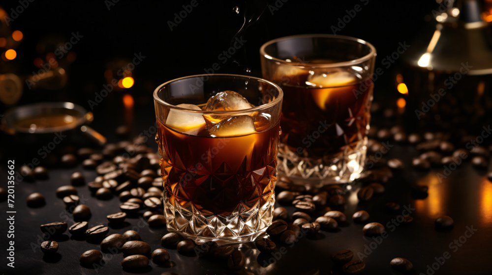 Coffee liqueur in glasses with ice and coffee beans - obrazy, fototapety, plakaty 