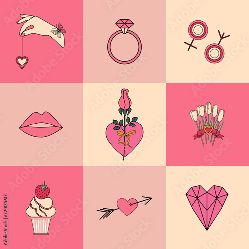 Romantic Valentine's day geometric seamless pattern in retro vintage style. Love symbols - hearts, ring, flowers.  Modern abstract squares, mosaic. Pink girly background, wallpaper, wrapping paper.