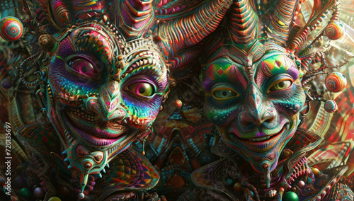 DMT jester Photorealistic portrait, cinematic, psychedelic human vision of geometric creatures. Mama Ayahuasca, psychedelic divine cosmic trippy godly spiritual entity. Expanded Consciousness © MD Media