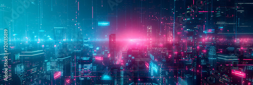 Cyberpunk city lights gradient in neon pink, teal, and electric blue, enhanced by a grainy texture for a futuristic tech-themed poster. 