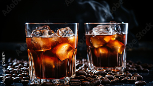 Coffee liqueur in glasses with ice and coffee beans