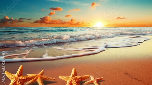 Sunrise over the ocean with starfish on the tropical beach.