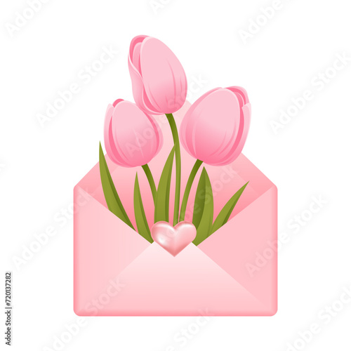 Open envelope with tulips.Element for Valentine's day,mother's day,women's day,wedding.Vector illustration isolated on white background.