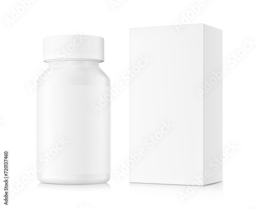 White bottle with box mockup isolated on white background. Can be used for medical, cosmetic, food. Vector illustration. EPS10.	