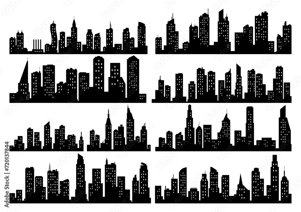 Vector city silhouette collection. Modern urban landscapes. High buildings with windows. Illustration on white background