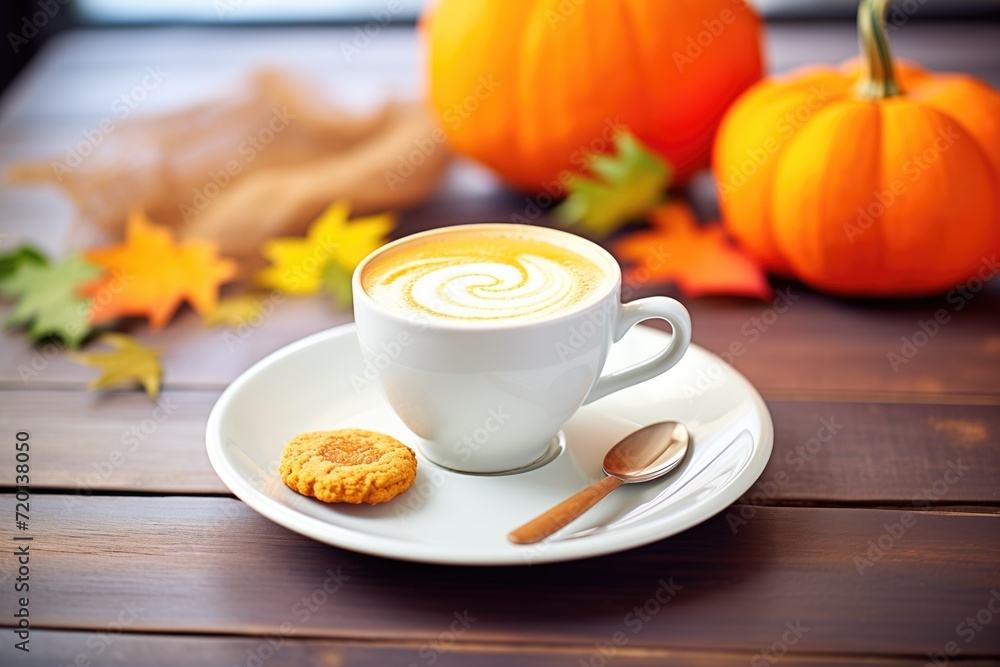 freshly brewed latte with a pumpkin cookie on the saucer freshly brewed latte with a pumpkin cookie on the saucer