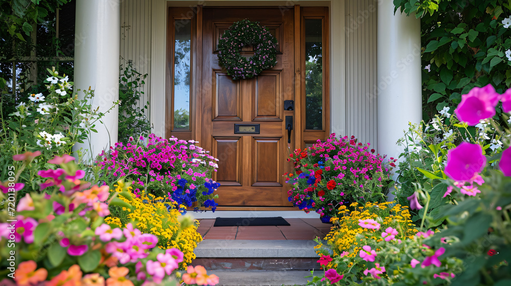 Colorful summer flowers surround an elegant wood door