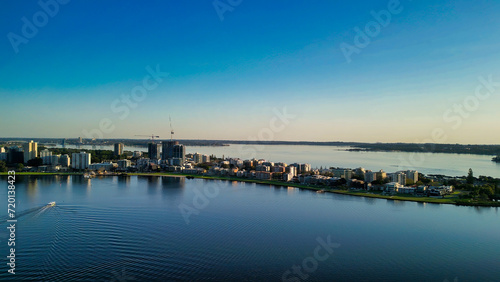 Aerial view of Perth skyline at sunset from Swan River © jovannig
