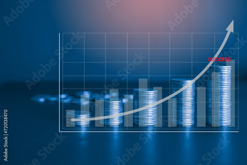 Konstfotografi Upward money coin stack and business graph with arrow indicates financial success and growth in market