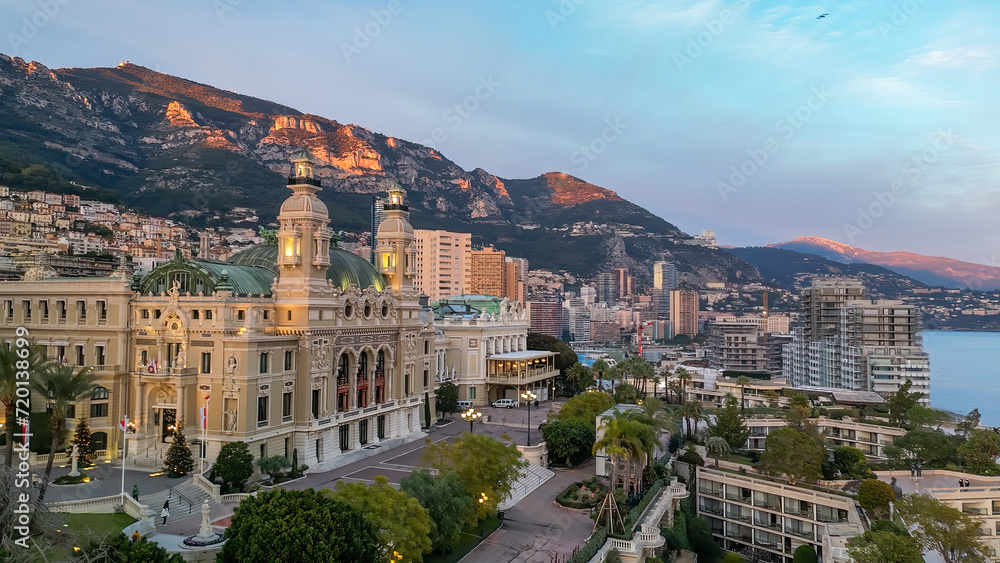 Montecarlo. Aerial view of Monaco skyline at sunset