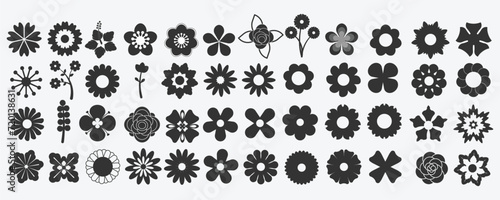 Flower icons. Flower silhouettes. Symbol of floral design. Pattern of daisy, rose and chamomile. Set of cartoon simple graphic shape isolated on white background. Vector.