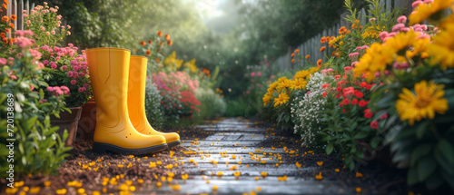 Gardening background with flowerpots, yellow boots in sunny spring or summer garden --ar 21:9 --stylize 750 --v 6 Job ID: c26daa3d-befb-466e-b3a9-48d1e53cb1aa