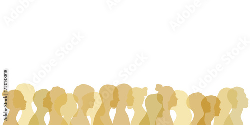 Gold human head silhouettes, crowd banner vector illustration with diverse human profiles, isolated
