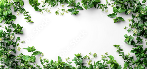 Frame of fresh green plants on a white background.