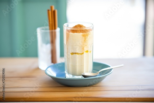 rice pudding drink in a tall glass with a long spoon