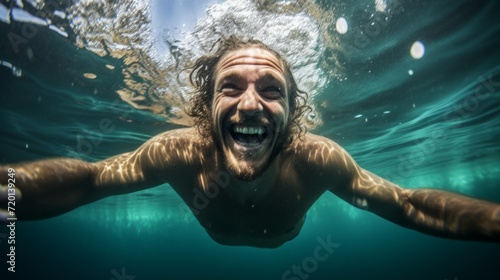 Close-up of a smiling happy man swimming underwater in a pool or sea. Healthy lifestyle, Vacations, travel, Sports and swimming concepts. © liliyabatyrova