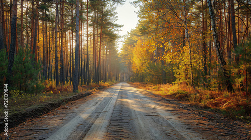 Country road in autumn pine forest