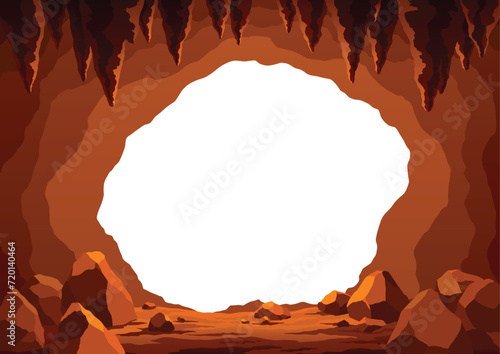 View from cave or tunnel vector frame in cartoon style. Cave landscape with place for text. Flat cartoon illustration with blank center