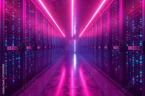 Empty server room bathed in vibrant neon purple and blue lights