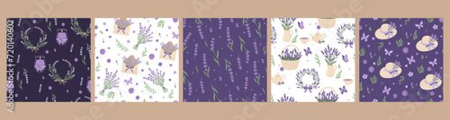 Set of seamless patterns with lavender flowers. Vector graphics.