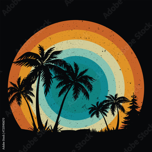 Rainbow Sunset Beach Palm Retro Graphic For T-Shirt  Banner  Poster  Hoodie  Background  Merch  Print On Demand  Etc