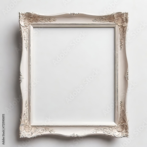 Blank beautiful wooden photo frame isolated on white background near white wall, empty copy space,