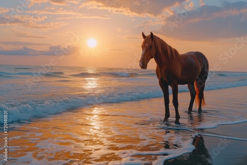 horses and beautiful beach at sunset © LivroomStudio
