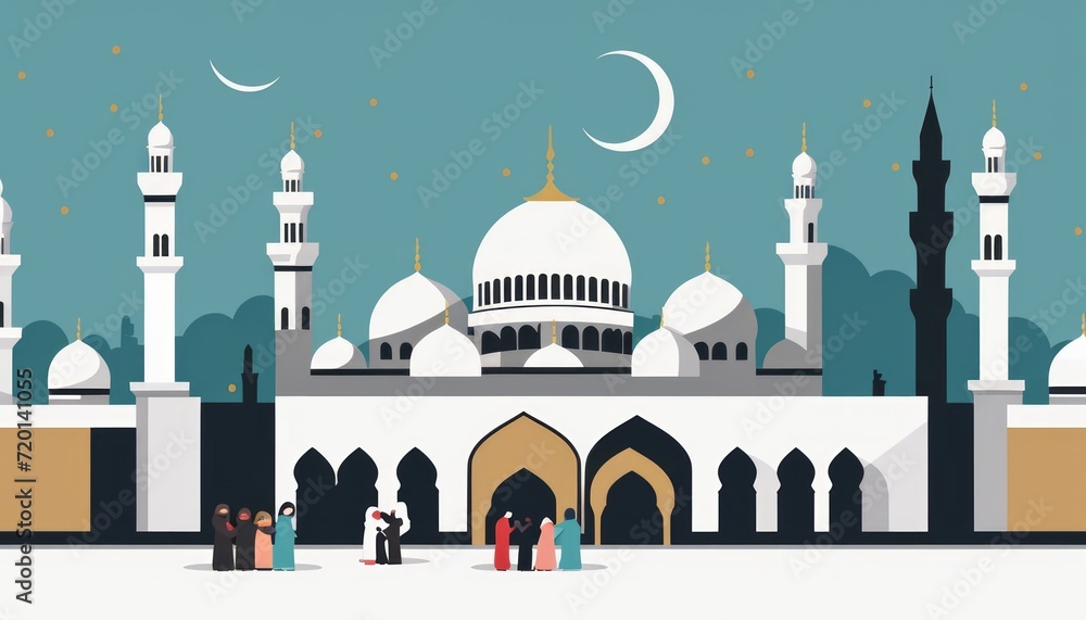 mosque panorama, view of the mosque during the fasting month or view of the mosque in the afternoon. sunset mosque. mosque wallpaper ramadan. mosque panorama crowds of Muslims heading to the mosque
