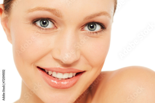 Skincare, spa and portrait of woman on a white background for wellness, cosmetics and facial. Dermatology, salon and isolated face of person with natural, healthy skin and beauty aesthetic in studio