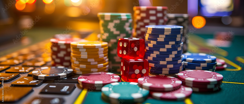 Online gambling, casino chips, cards and dice laying on laptop keyboard, internet betting gaming addiction, generative ai. Online gambling, casino chips, cards and dice laying on laptop keyboard, internet betting gaming addiction, generative ai.