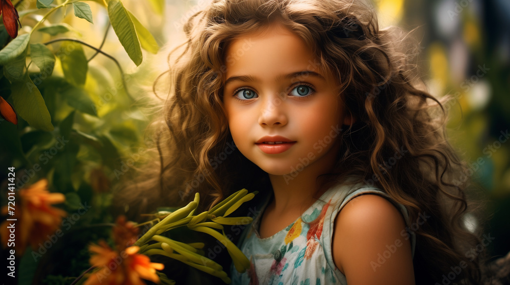 portrait of a beautiful girl in colorful dress, in beautiful garden
