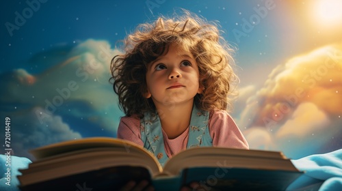 Dreamy Child Reading a Book at Sunset with Imaginative Clouds