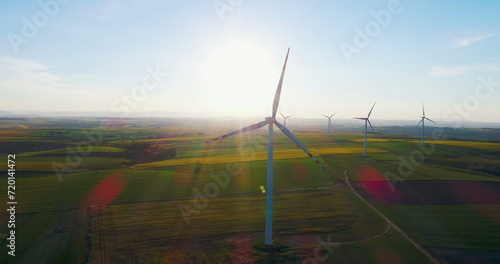 Countryside with wind turbines.